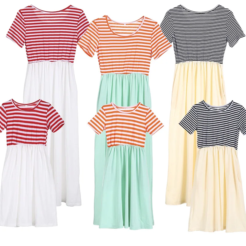 

IMCUTE Mother's Day Family Matching Outfits Mother and Daughter Striped Clothes Long Dress