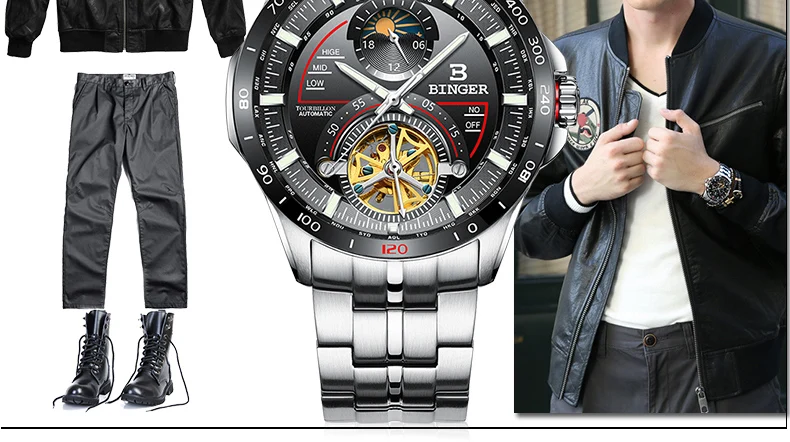Роскошные турбийон автоматические часы мужские швейцарские Бингер многофункциональные механические часы сапфир 50 м водонепроницаемые спортивные часы для плавания