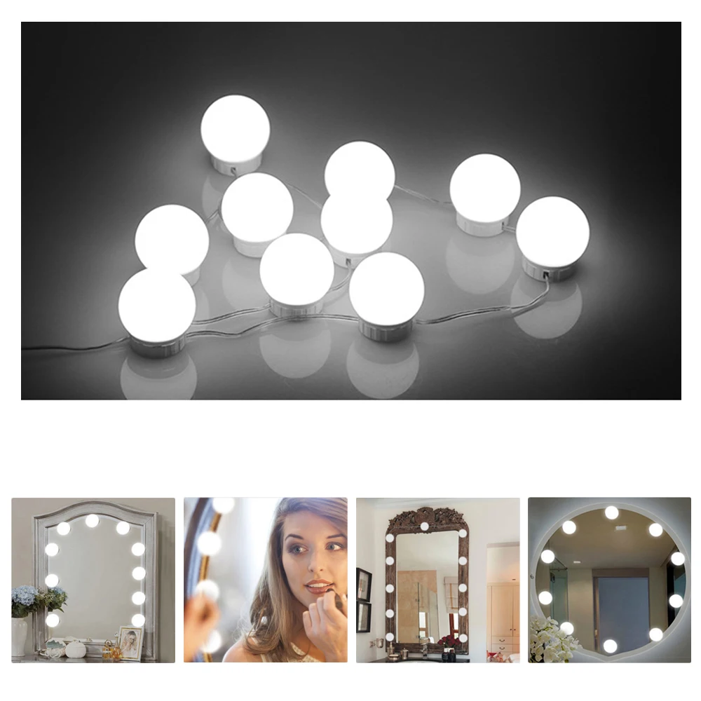 Hollywood Style Makeup Mirror Vanity LED Light Kit 10 Dimmable Bulbs USB Charging Port Cosmetic Adjustable Brightness Lights