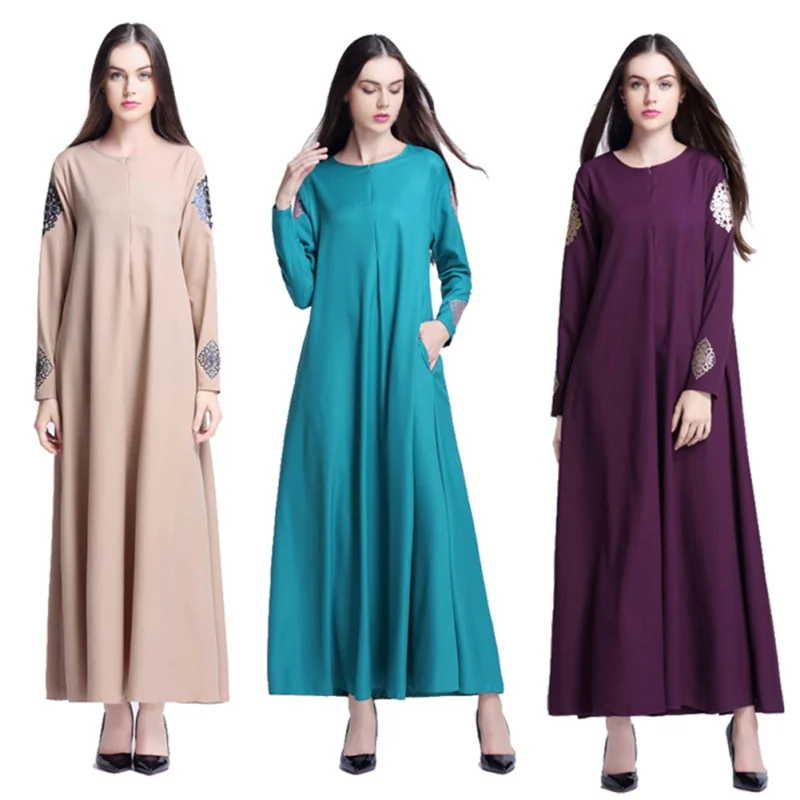 Для женщин Элегантный мусульманин одноцветное Цвет печати невидимые молнии платье свободная талия юбка с длинными рукавами и круглым