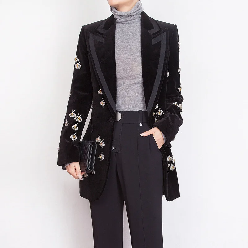 Luxury Designer European Style Spring Fall Bees Beading Long Blazers Notched Black Velvet Slim Diamonds Plus Size Blazer