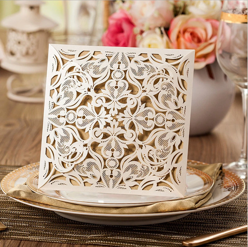 beige square hollow flora vintage laser cut wedding invitation wedding invitation cards size