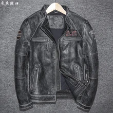 Ретро винтажная Черная Мужская мотоциклетная куртка из натуральной кожи однобортный Размер 4XL настоящая Толстая куртка из бычьей кожи