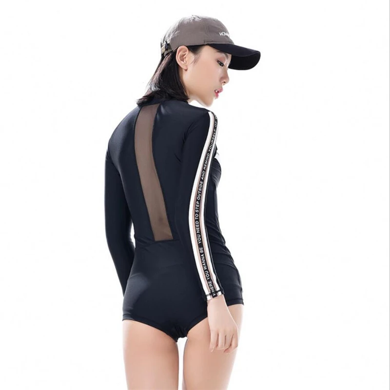 Mesh patchwork modest swim wear women 2019 one piece swimsuit long sleeve UV sports swimwear ladies padded beachwear Mesh patchwork modest swim wear women 2019 one piece swimsuit long sleeve UV sports swimwear ladies padded beachwear