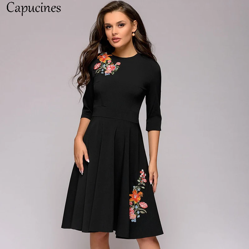 Capucines Мода 2019 Аппликация Черное платье женское Весна осень O образный вырез с