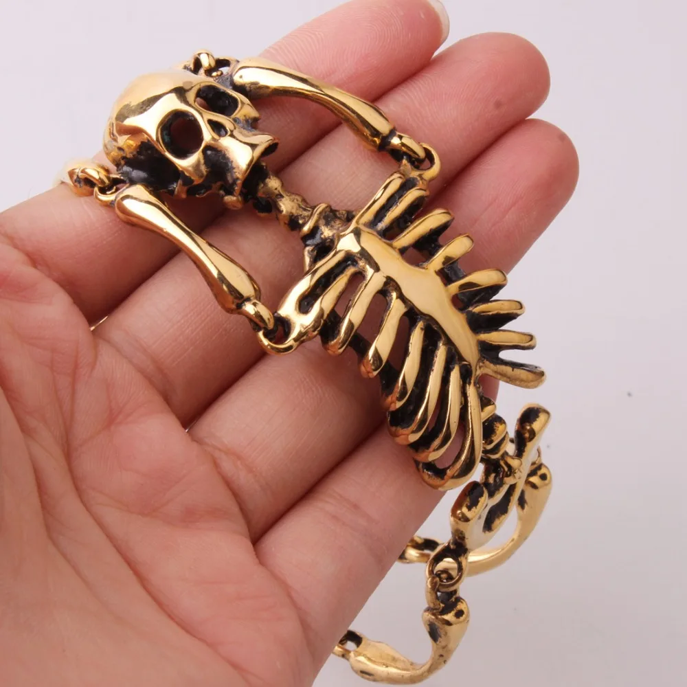 8.26" Skull Bracelet Big Skeleton Bones Statement Punk Jewelry Gold