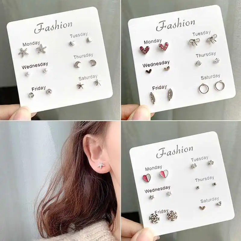 

6pair/set Fashion Stud Earrings for Women Girls Jewelry Cheap Summer Sexy Wild Tiny Dainty Earring Sweet Charm Girlfriend Gift