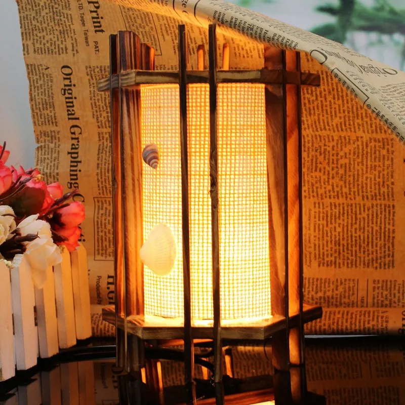 Warm Light Vintage Antique Wooden Seashells Table Lamp Table Light For Bedroom Living Room Desk Lamp With Cable
