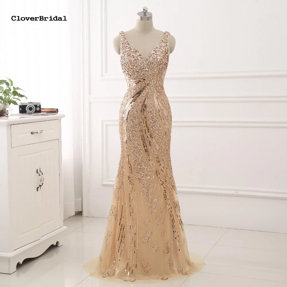 Cloverbridal Высокое качество Шампанское Luxo Sereia глубоким v-образным вырезом frisada Vestido де Деста formatura Para Casamento Vestido