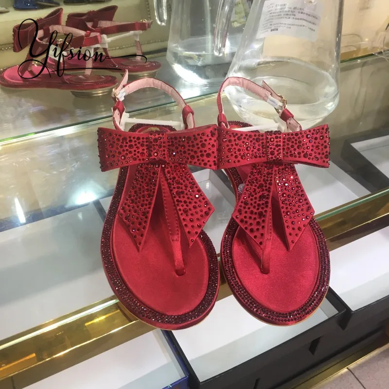 

OLOME New Fashion Crystal Women Summer Sandals Black Stain Red Butterfly Buckle Strap Women Flat Sandals Shoes Woman