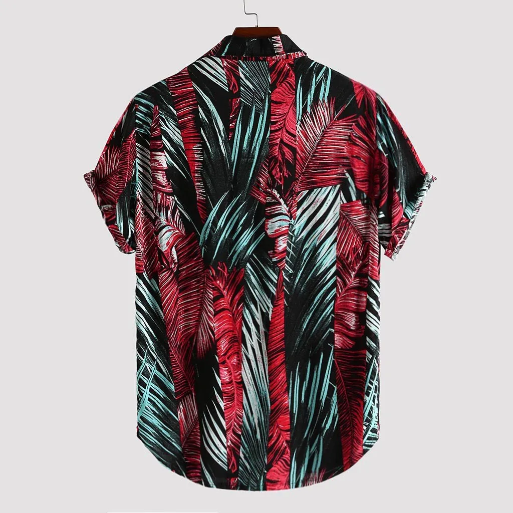 Fashsiualy Mens Printed Hawaiian Loose Beachwear Short Sleeve Casual Buttons Shirt camisa masculina