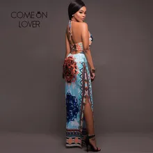 Comeonlover Boho Vintage Long Dress Flowered Halter Backless Tropical Vestidos RI80424 Split Beach Summer Robe Femme Ete 2017