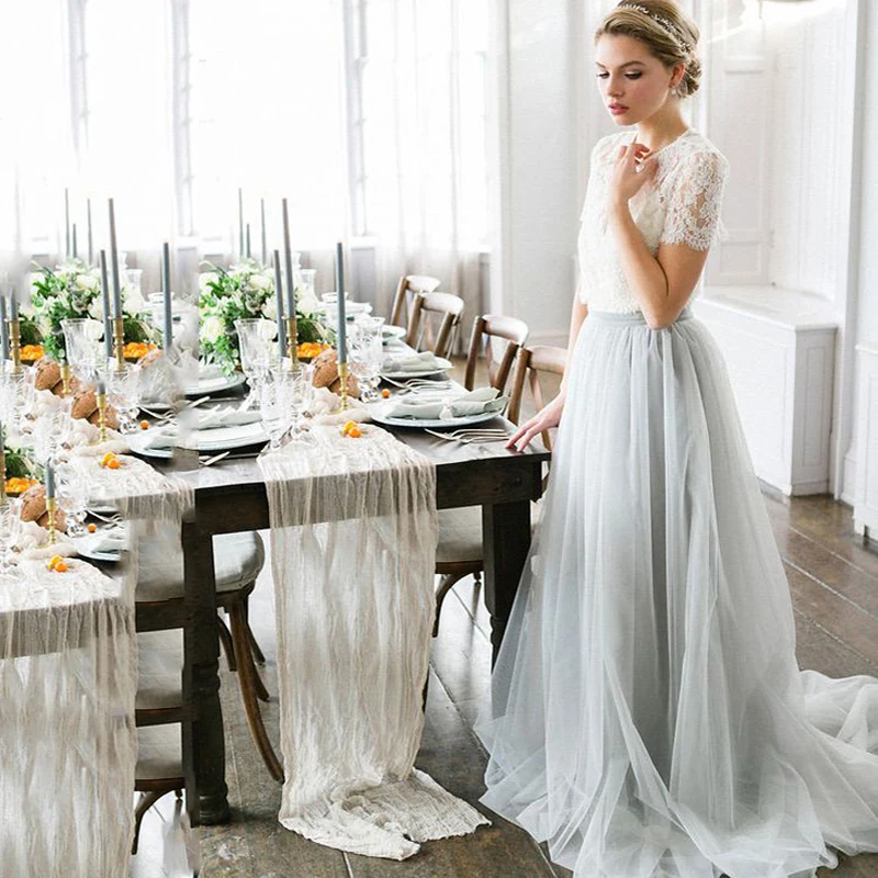 

Smoking Gray Floor Length Tulle Elastic Wasitline Pleated Custom Made Formal Skirt for Party Bridal Wedding Maxi Gowns Bohemian
