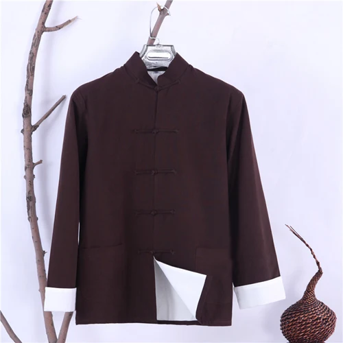 Мужская Осенняя Новая двухслойная однотонная куртка с длинными рукавами хлопок традиционное китайское пальто кунг-фу форма Тай Чи YZT082305 - Цвет: coffee