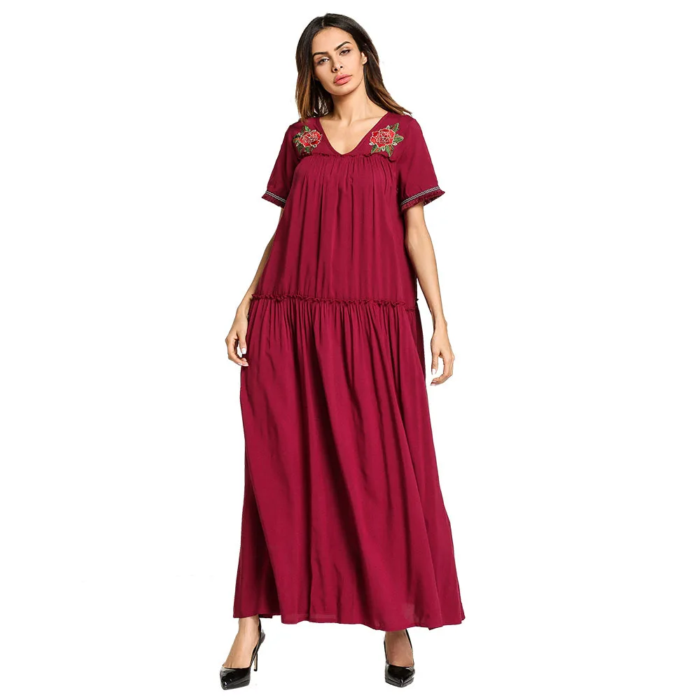 

#1865770# Muslim Women V-collar Frills Musulman Dresses Skirts Middle Eastern Robes Ramadan Solid Red Mujer Vestidos
