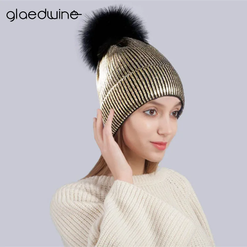 

glaedwine Fashion wool Gold And Silver Caps Raccoon Fur Pompon Hat For Women Knitting Warm Winter Hats Female Skullies Beanies