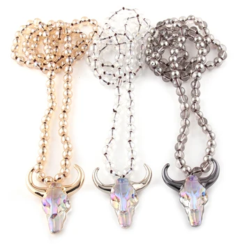 

Fashion Bohemian Jewelry 8mm GlassLong Knotted Crystal Horn Pendant Necklaces For Women Ethnic Necklace