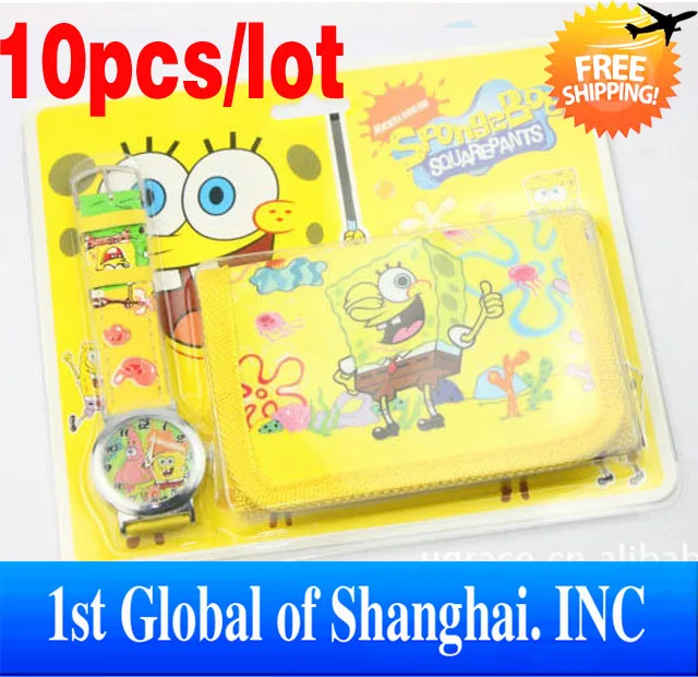Free shipping 10pcs/lot New Spongebob Squarepants Cartoon Wrist Watches + Wallets Kids Gift | Наручные часы