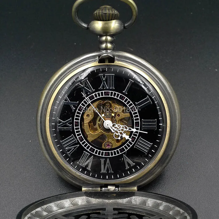 Черный циферблат Заводной механический мужские карманные часы w/Сеть хороший Рождественский подарок цена H065