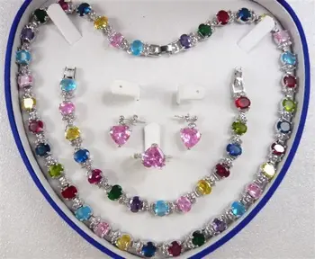 

Multicolor Zircon Link Bracelet/ Earrings /Ring / Necklace Set >^^1>18K gold plated watch Quartz stone CZ crystal