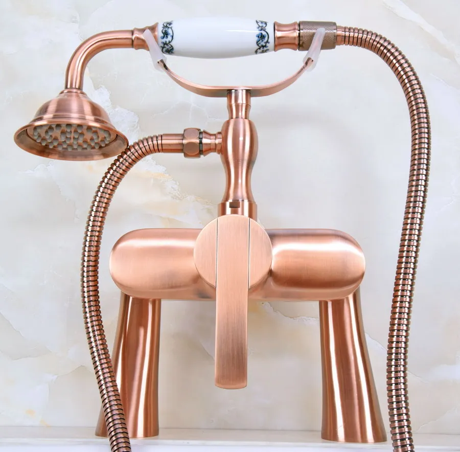 

Antique Red Copper Deck Mount ClawFoot Bath Tub Faucet With Telephone Style Hand Held Shower Head - Bathroom Plumbing ana157