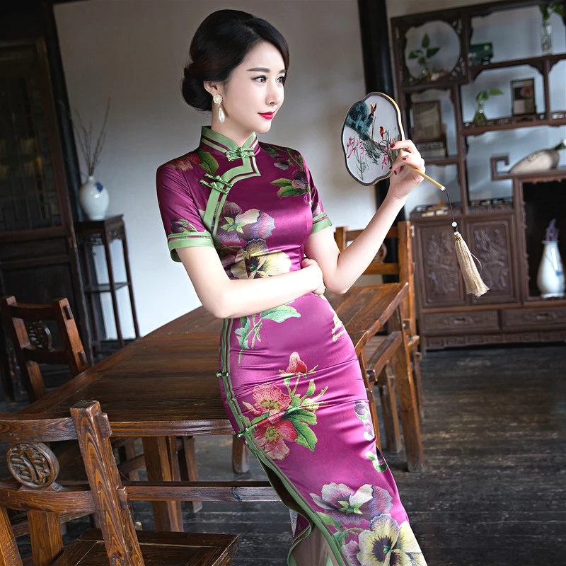 Sheng Coco 4XL фиолетовое платье Qipao с цветочным принтом традиционные китайские