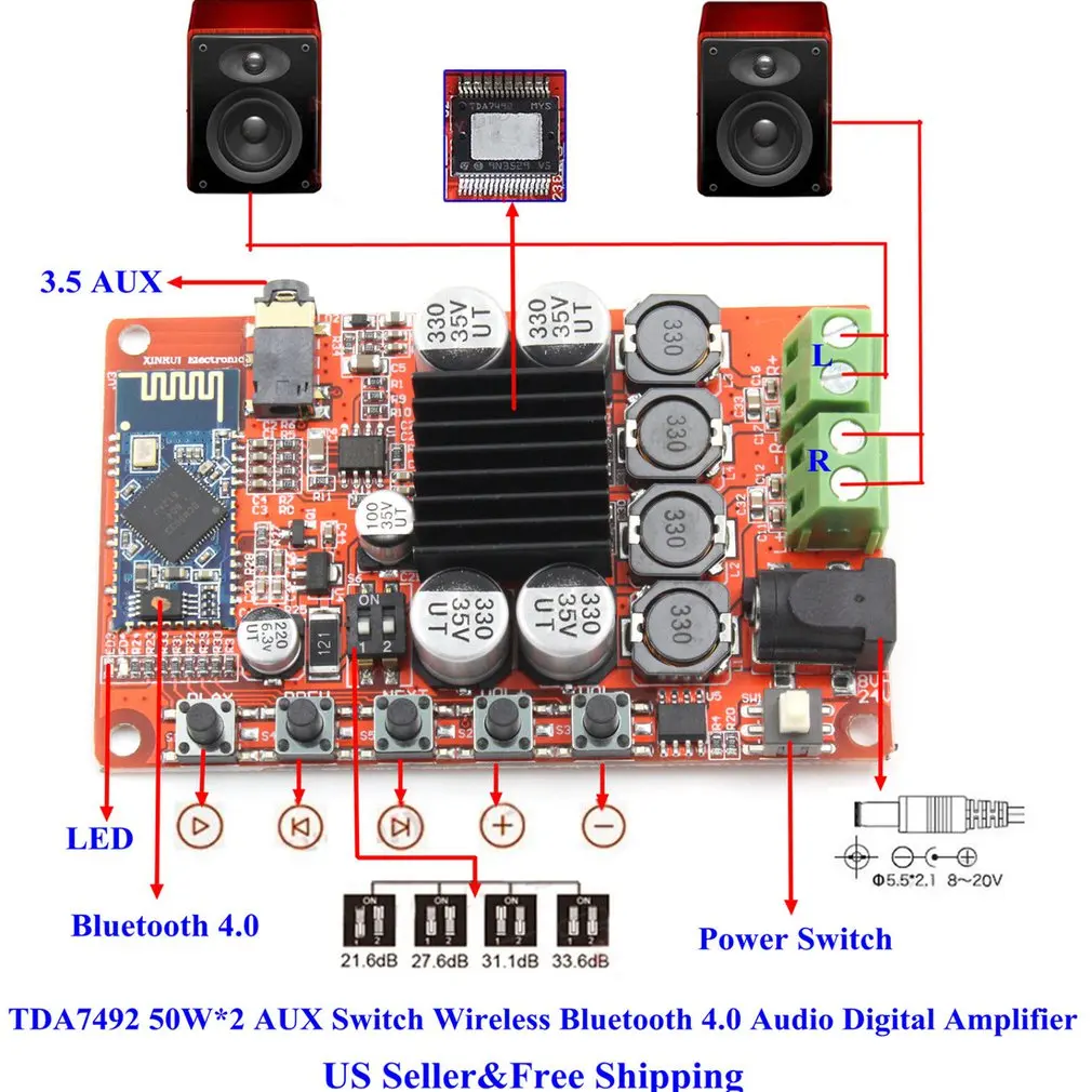 Профессиональный TDA7492 50 Вт* 2 AUX переключатель беспроводной Bluetooth 4,0 аудио цифровой усилитель плата Модуль Запчасти