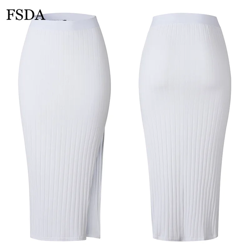 FSDA Side Slit Bodycon Skirt Sexy Cotton Casual Side Sexy Long White Office Women Spring Split Elegant Summer Midi Skirts