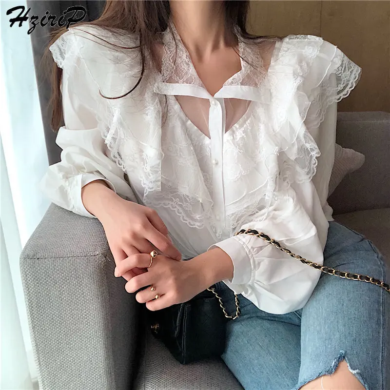 

Hzirip Fresh Lace Ruffles O-Neck All-Match Free Single Breasted 2019 New Fashion 2019 Casual Long Sleeves Loose Shirts 2 Colors