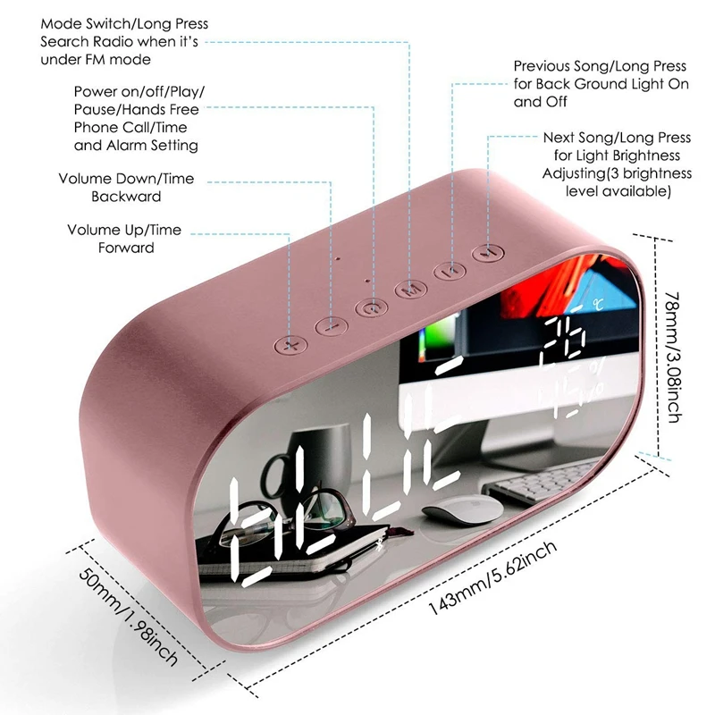 Будильник Радио, беспроводной Bluetooth динамик, Usb зарядное устройство, Tf карта воспроизведения, термометр, большое зеркало Led затемненный дисплей Aux