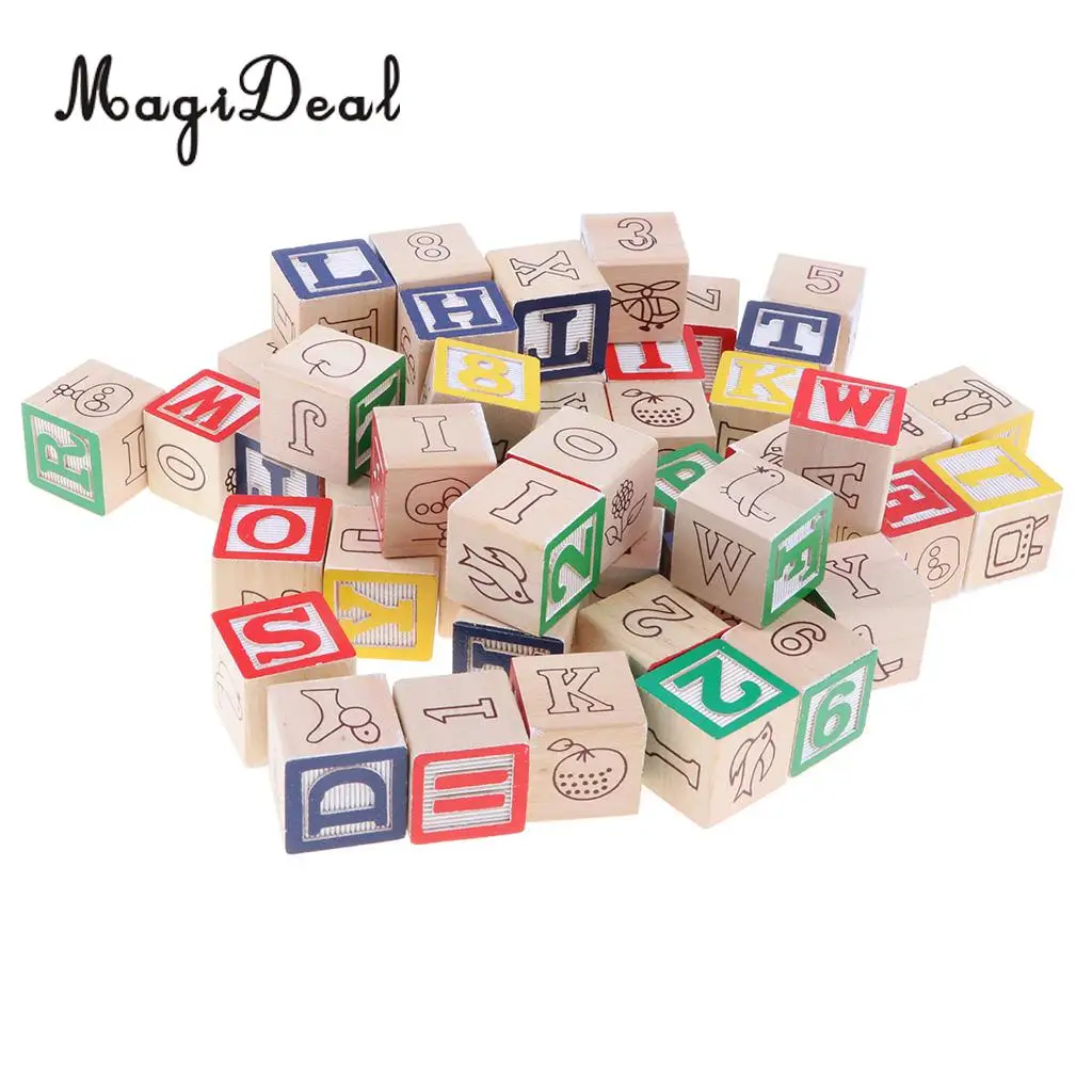 50Pcs Wooden Cartoon ABC Alphabet Numbers Math Learn Cube Blocks Stack Toddler Color Shape Cognition Educational Toy
