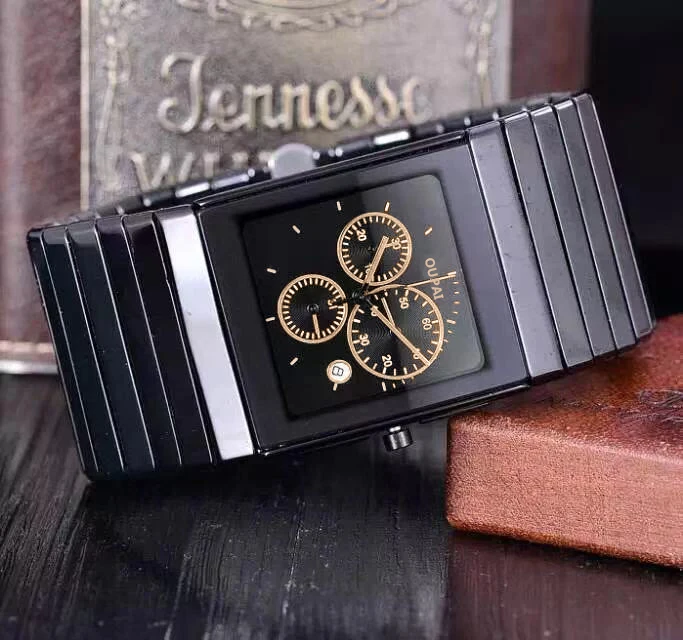 OUPAI Fashion Classic Square Black Ceramic Watch Men Rectangle Muti-Function Chronography Water Resistance Sports Man Watch