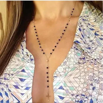 

long Tassel Cross Pendant Necklaces for Women Jewelry Sweater Rosary Black Beads Necklace Chain bijoux femme kolye collares