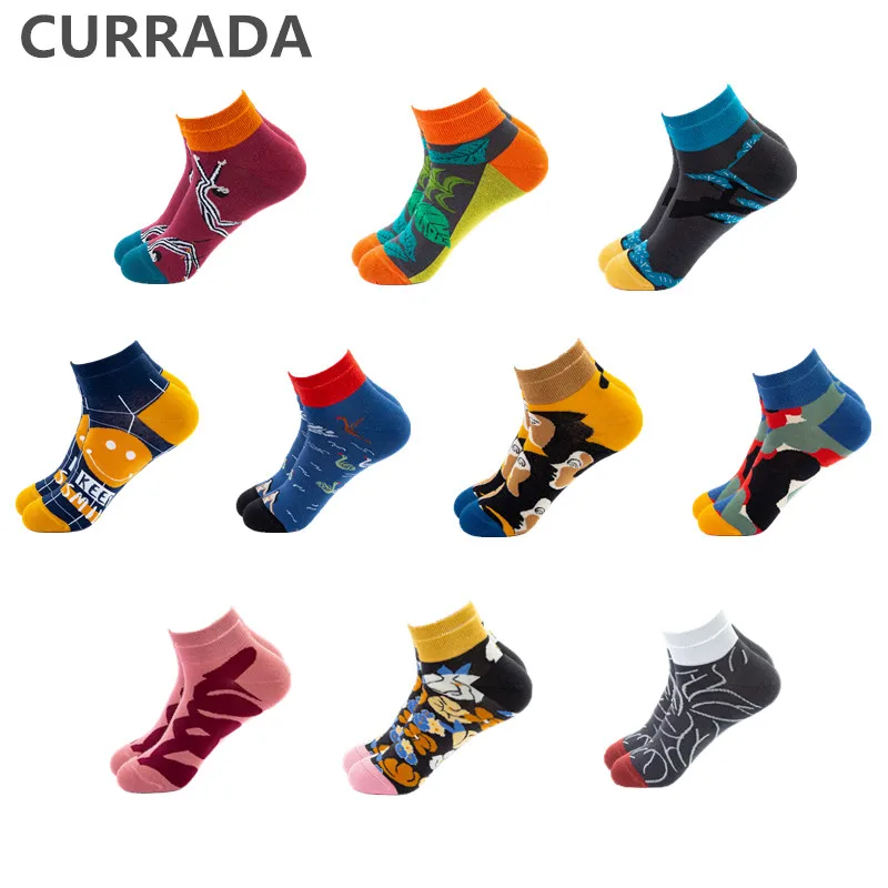 Best CURRADA 10 Pairs Lot Men #039;s Colorful Summer Ankle Socks Novelty Creative Design Casual Boat Socks Combed Cotton Happy Short Socks