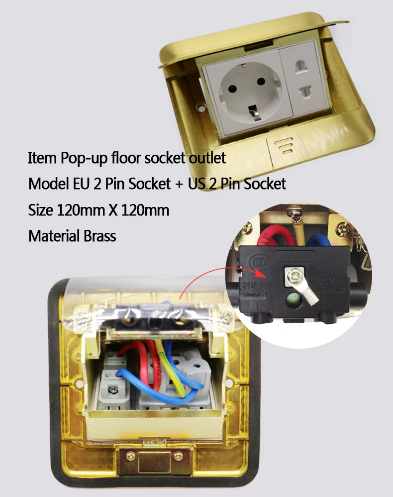10A 250 в EU 2 штыревая розетка с компьютерная розетка, Детская Европейская и американская 2-контактный разъем латунь дуги Форма всплывающее окно напольная розетка