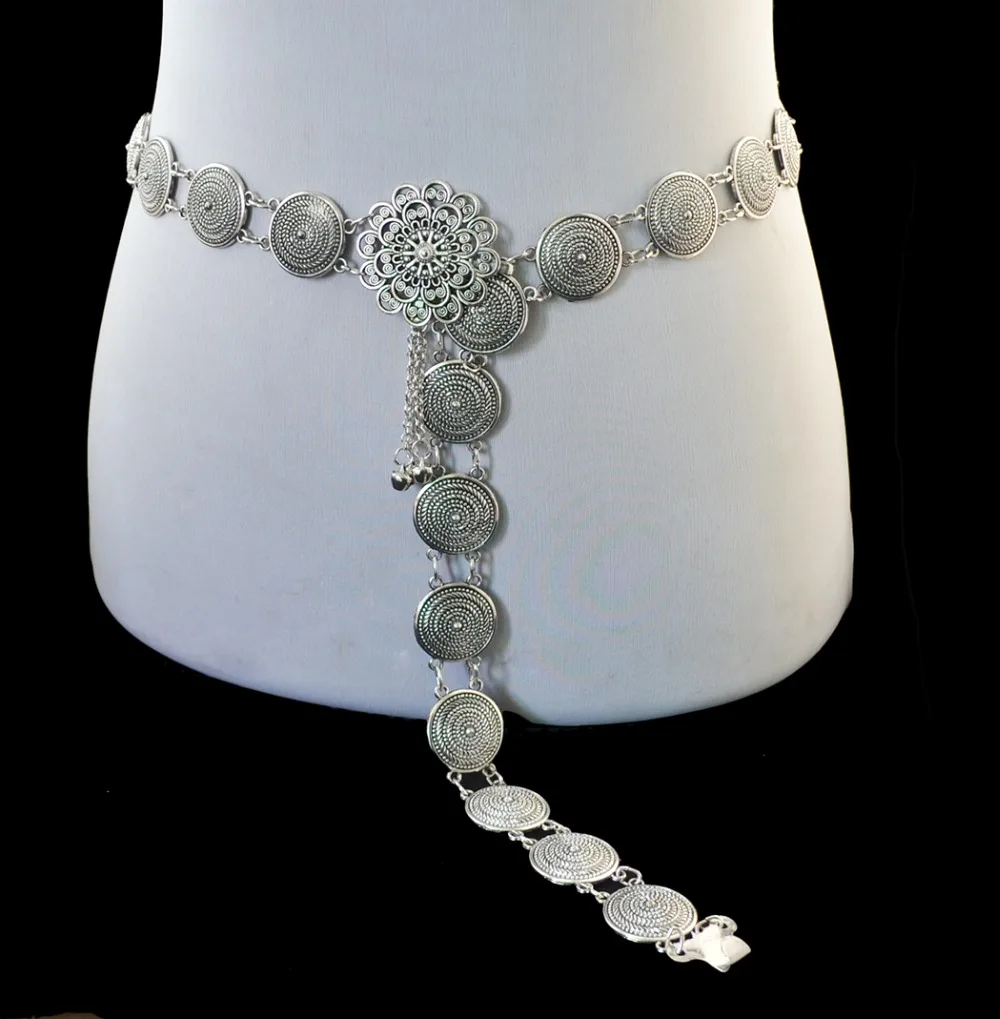 Turkish Ethnic Summer Beach Belly Waist Chain Jewelry Silver Metal Carved Flower Tassel Bell Belt Dress Body Jewelry For Women