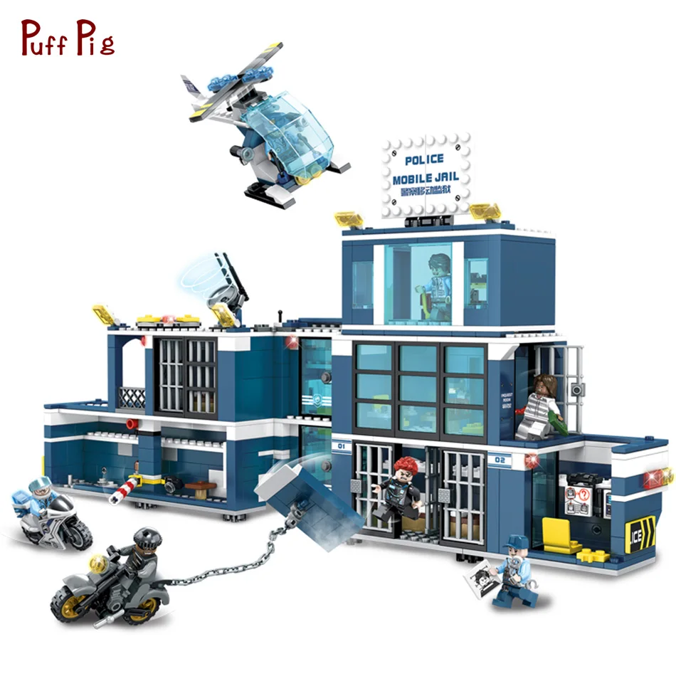 

960pcs City Police Prison Station Motorbike Helicopter Model Building Blocks Kits Compatible Legoe Figures Brick Educational Toy