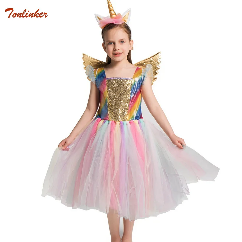 

Halloween Girls Unicorn Costume Kids Pony Rainbow Tutu Dress With Headband And Wings Set Children Birthday Party Dresses