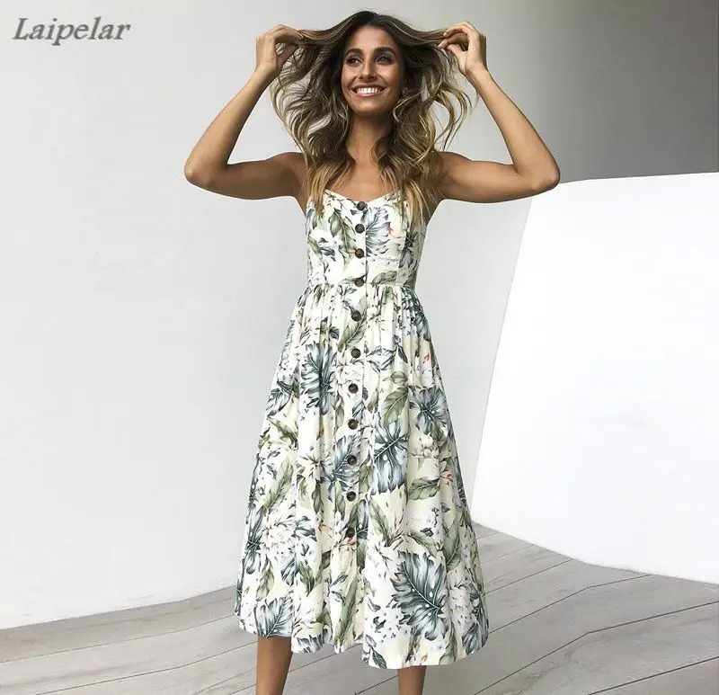 

Women Summer Sexy Sleeveless Boho Dresses Button Decor Mid-Calf Dress Princess Dress With Pockets Laipelar