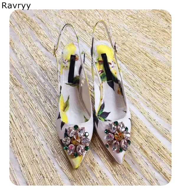Yellow Crystal woman's high heels leaf flower print female dress shoes rhinestone sexy pumps pointed toe stiletto single shoes Yellow Crystal woman's high heels leaf flower print female dress shoes rhinestone sexy pumps pointed toe stiletto single shoes