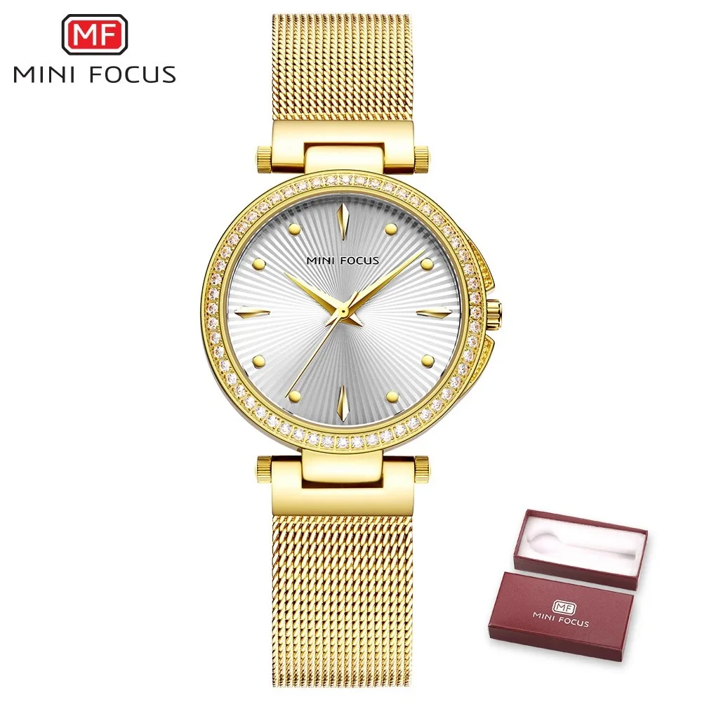 MINIFOCUS наручные часы для женщин Мода Синий нержавеющая сталь кварцевые часы браслет часы Relogio Feminino роскошные женские часы - Цвет: Golden