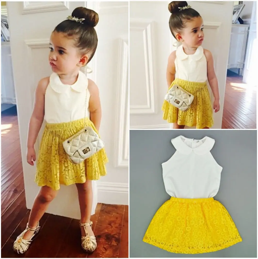 

Toddler Summer Clothes 2016 Kids Baby Girls Lace Tops Shirt Floral Skirt Summer Dress Outfits 2-7Yrs