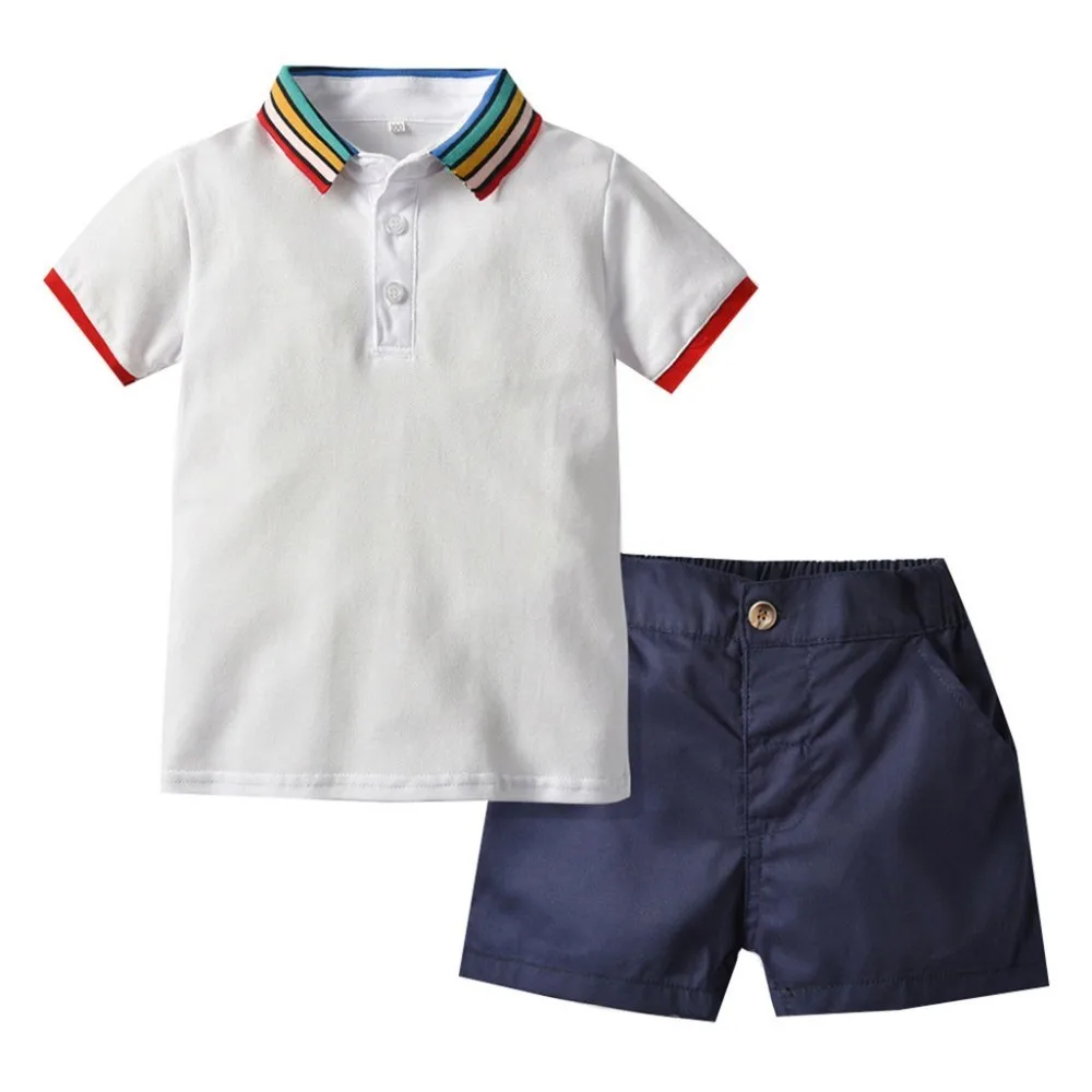 Футболка-поло для маленьких мальчиков в джентльменском стиле с радугой; Топы+ однотонные шорты; комплект одежды; повседневный комплект одежды из хлопка для малышей - Цвет: Белый