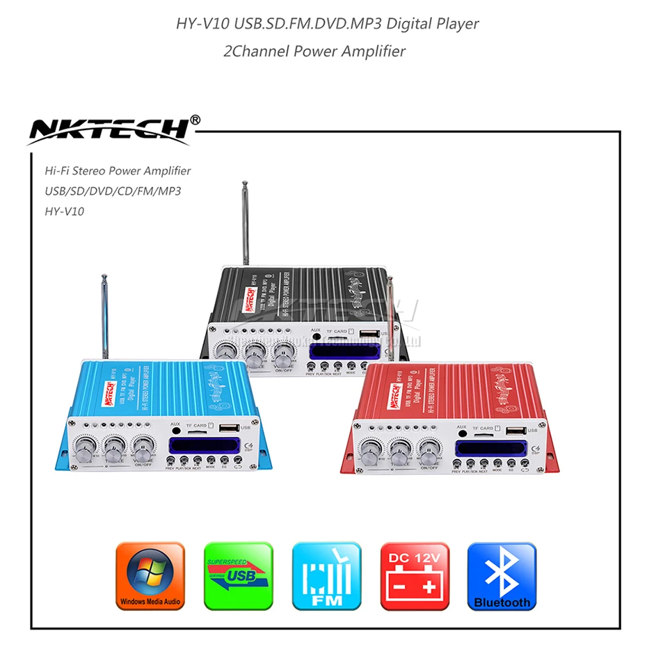 NKTECH HY-V10 Bluetooth автомобильный усилитель мощности цифровой плеер Hi-Fi стерео 2CH 20 Вт RMS мини аудио MP3 FM TF USB музыкальный ламповый домашний усилитель