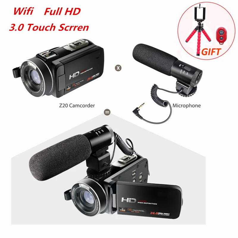 Full HD 1080P 30FPS Wifi Camcorder Portable Digital Video Camera with External Microphone 3.0inch LCD Touchscreen Video Recorder