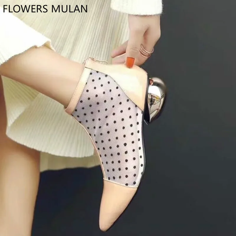

New Arrival Patchwork Leather Black Dot Mesh Fretwork Fashion Lady Ankle Boots Chic Pointed Toe Back Zip Strange Egg Heel Shoes