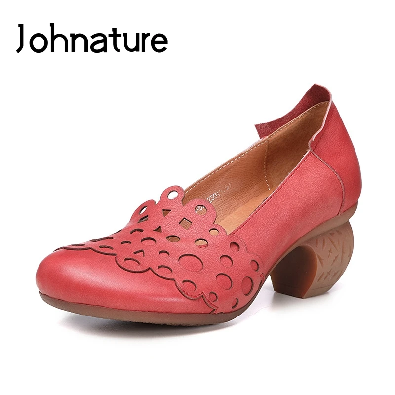 

Johnature 2019 New Spring/Autumn Genuine Leather Cow Leather Round Toe Casual Hoof Heels Shallow Slip-on Women Shoes