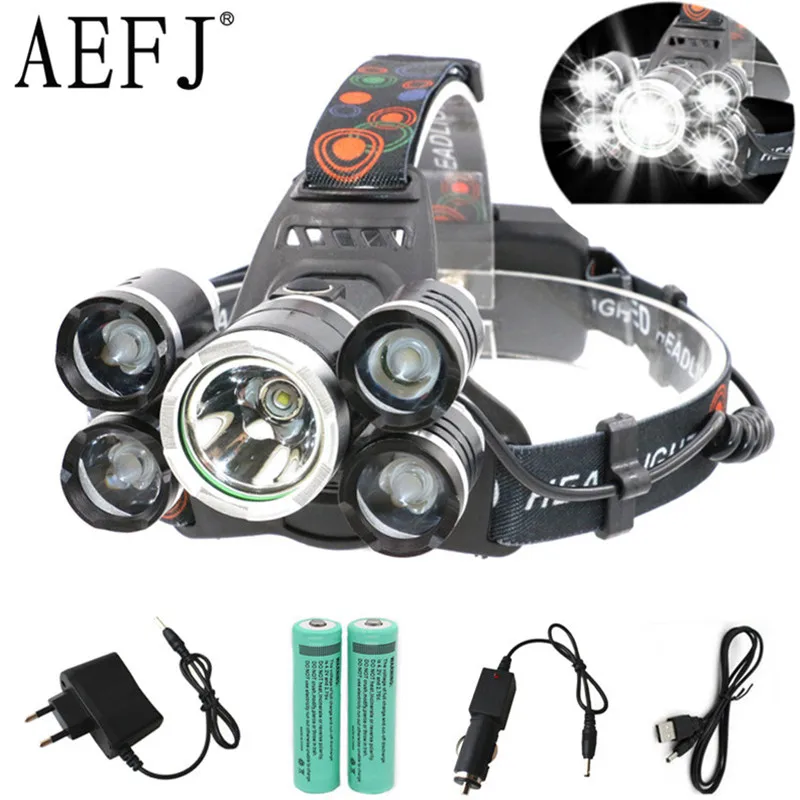 Налобный фонарь AEFJ светодиодный 5000 лм 5 светодиодов T6 + 2R5|lantern fish|head lampheadlamp headlight |