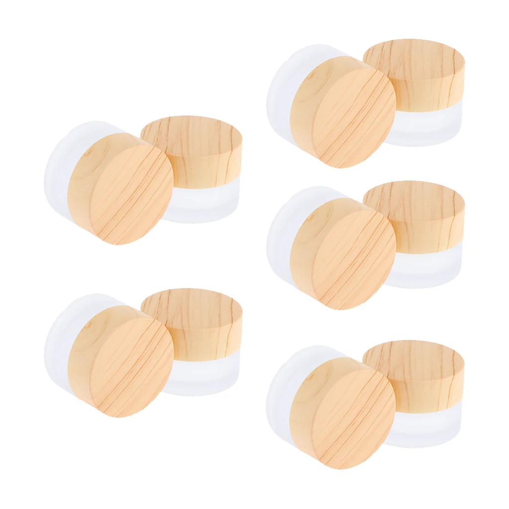 Set of 10, 5g Environmental Wood Texture Lids Frosted Glass Bottles Cream Jars Empty Cosmetic Comtainers w/ Inner Linners