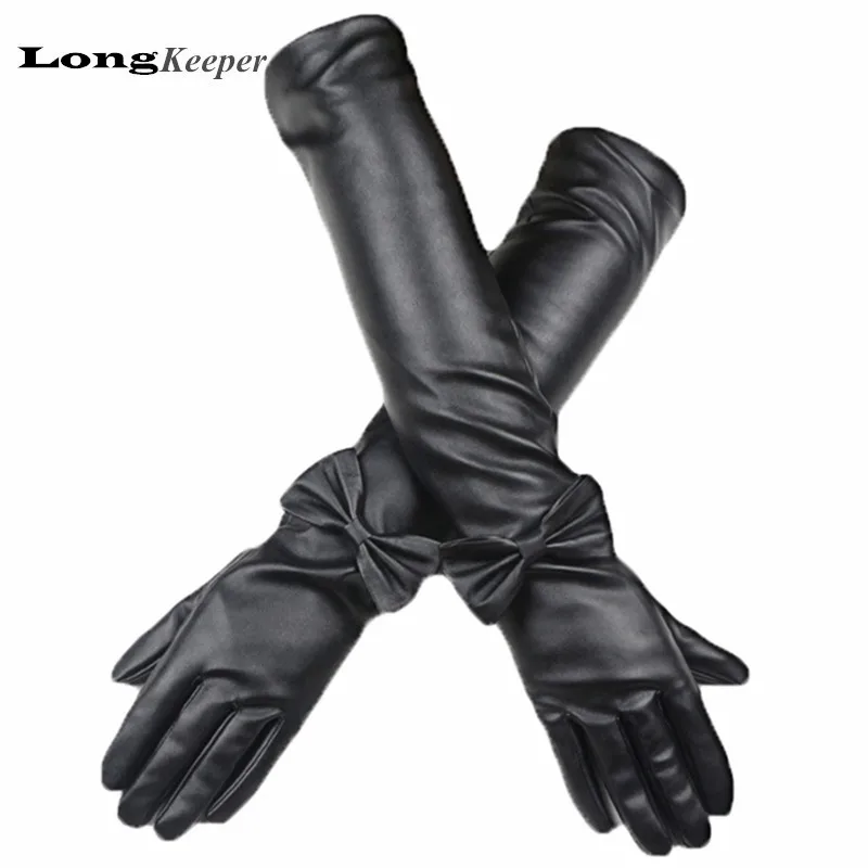 LongKeeper Sexy Ladies Leather Gloves Full Finger Bowknot Elbow Long